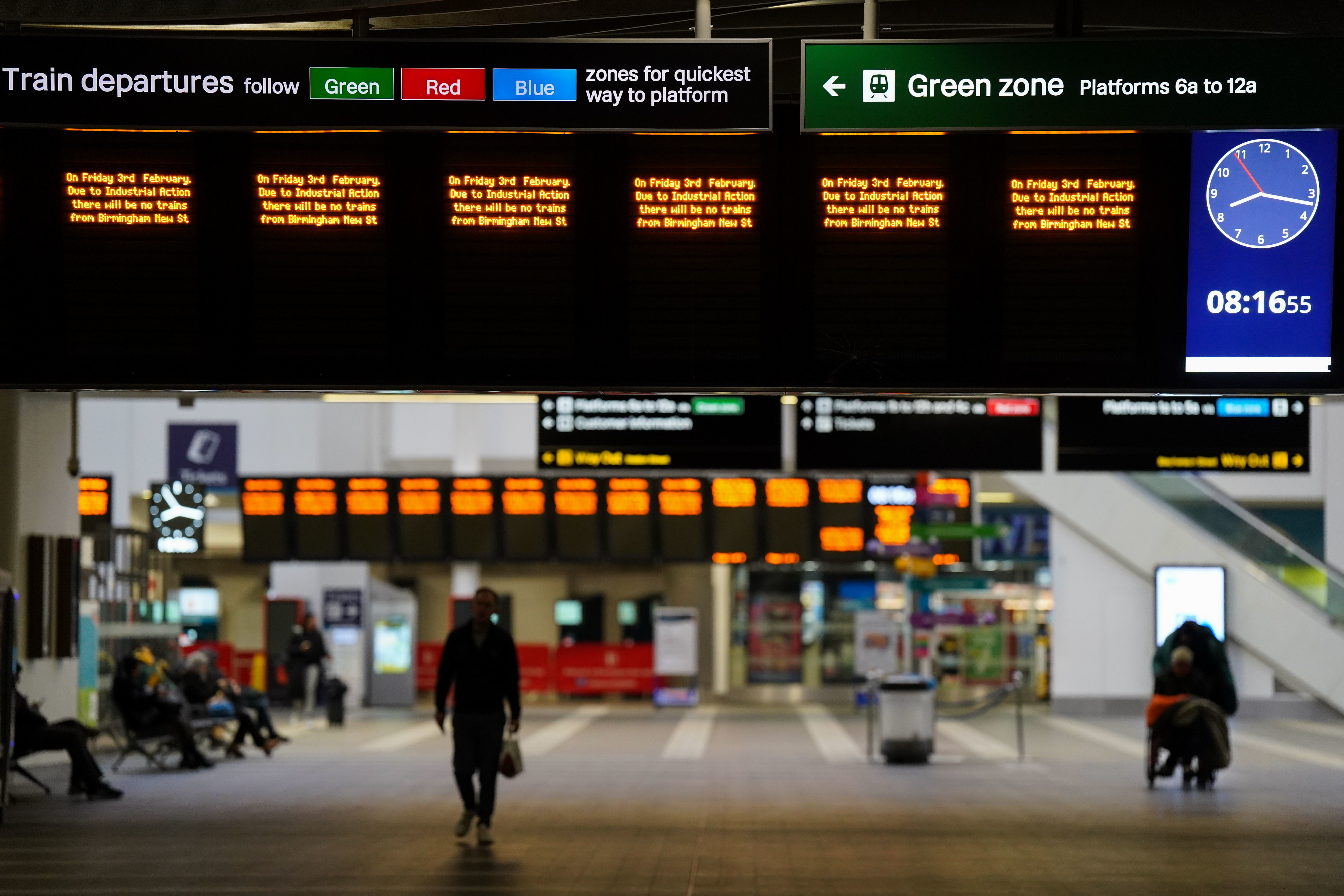 New Street station in Birmingham is deserted this morning as rail services are cancelled by industrial action